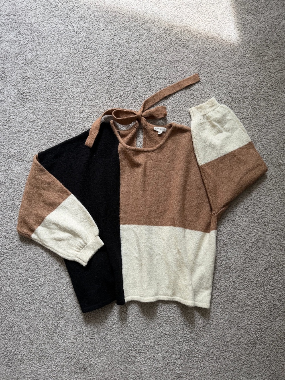 By The River Color-block Knit Sweater With Tie Detail - Brown, Black & Cream